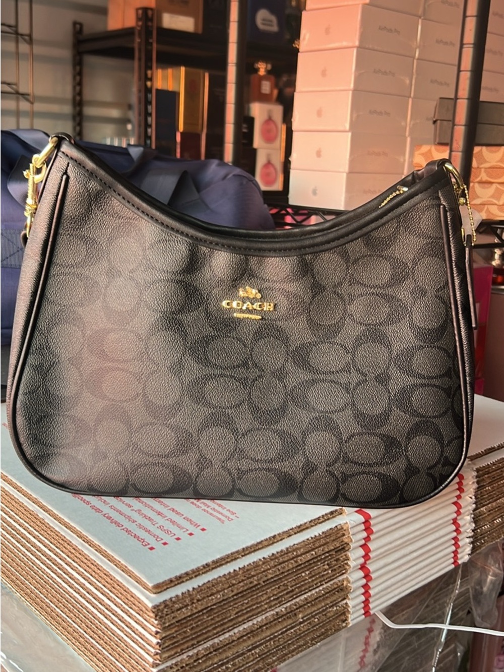 Coach Black Signature Canvas Shoulder Bag with Gold Hardware